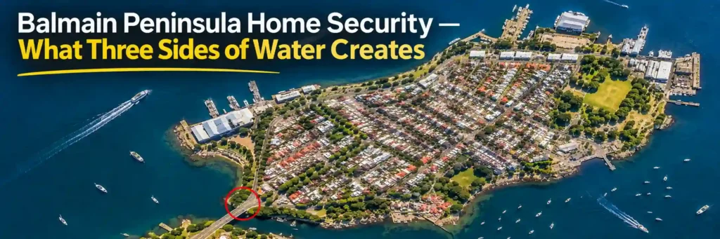 Aerial view of Balmain Peninsula surrounded by Sydney Harbour waters, highlighting the peninsula’s bridge connection and unique home security considerations.