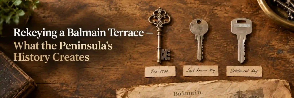 Three generations of keys on a rustic timber workbench, featuring a Victorian skeleton key, a worn house key, and a modern restricted key beside a historic Balmain document.
