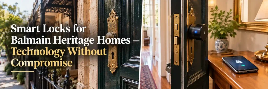 Balmain heritage terrace door with original brass hardware alongside a modern interior smart lock and smartphone control.