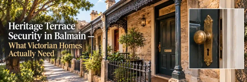 Balmain Victorian terrace homes with traditional sandstone facades, ornate iron verandahs, and a close-up of antique brass door lock hardware.